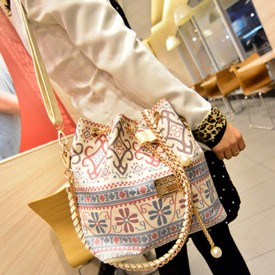Canvas Lady Fashion Folk style Tread Print chain Drawstring Bucket handbagHoundstooth Shoulder Bags Crossbody Bags