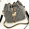 Canvas Lady Fashion Folk style Tread Print chain Drawstring Bucket handbagHoundstooth Shoulder Bags Crossbody Bags