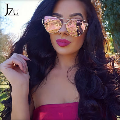 JZU Cat eye Brand Sunglasses Women Designer Mirror Flat Rose Gold Vintage Metal Reflective sunglasses women female Oculos Gafas